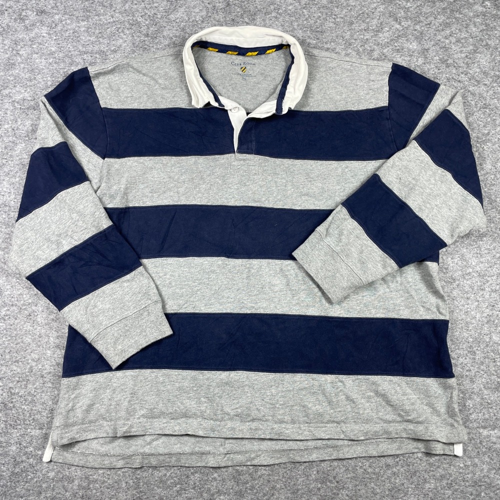 Club Room Rugby Shirt Mens XL Grey Navy Blue Striped Long Sleeve Cotton Polo